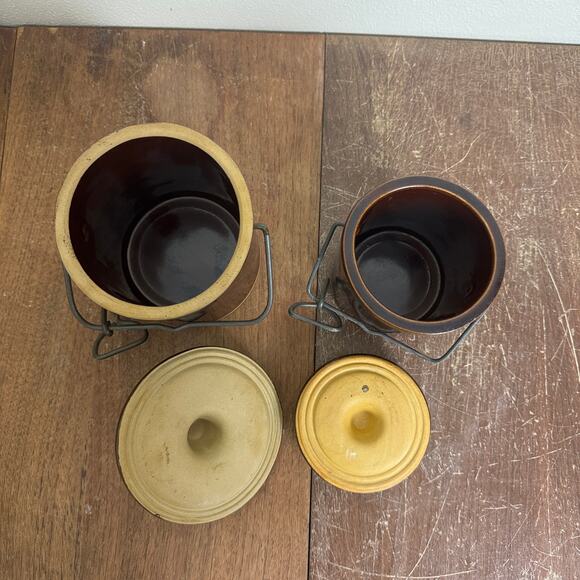 Pair (2) Brown Glazed Stoneware Crock Canisters with Bale hinge Lock lid - Picture 3 of 8
